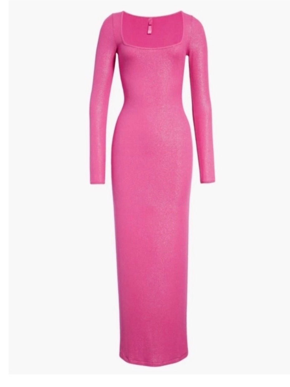 Skims Shimmer Soft Lounge Long Sleeve Bodycon Maxi Dress Fuchsia Foil Small